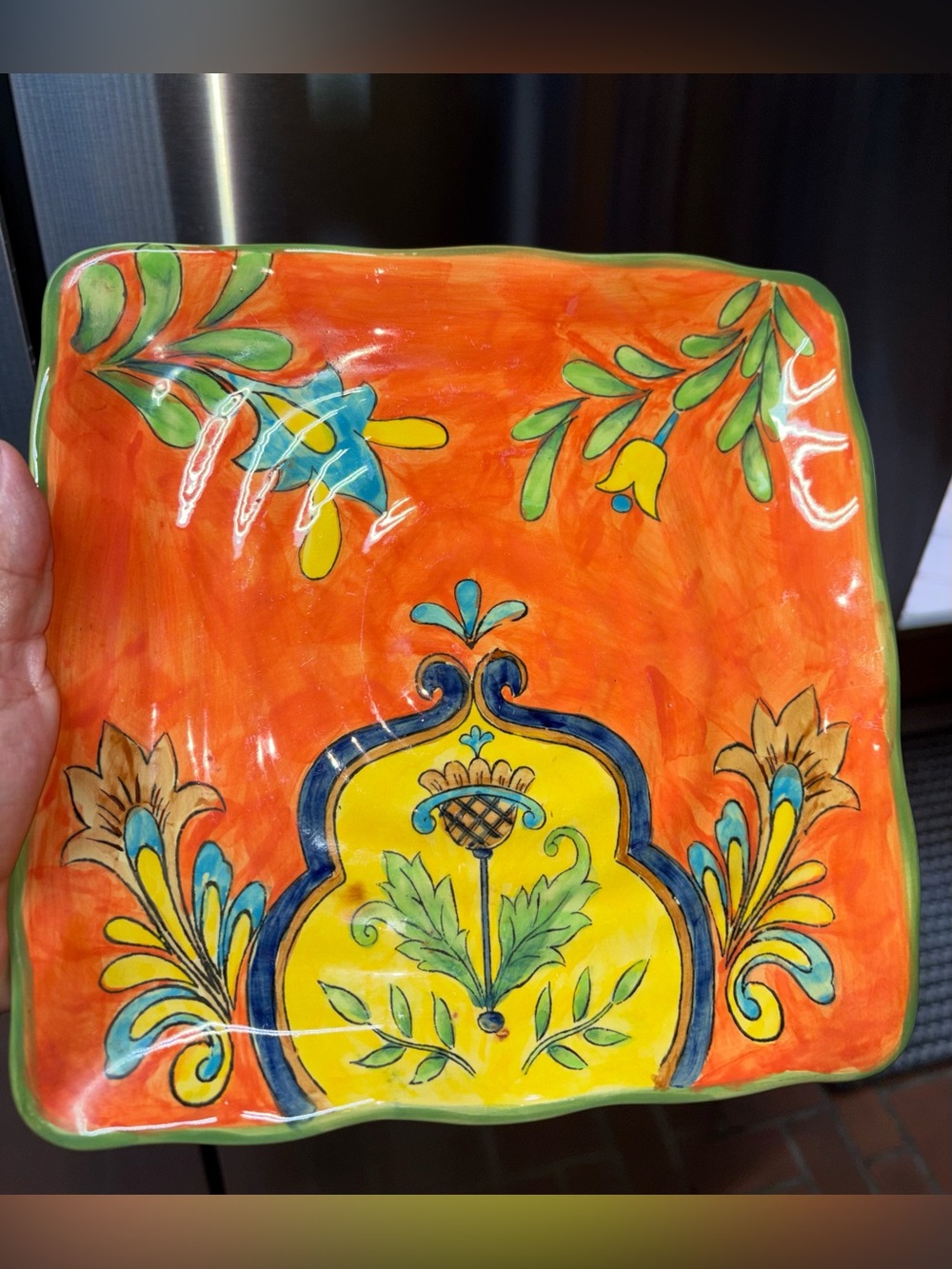 Hand-Painted Orange and Yellow Decorative Ceramic Tray